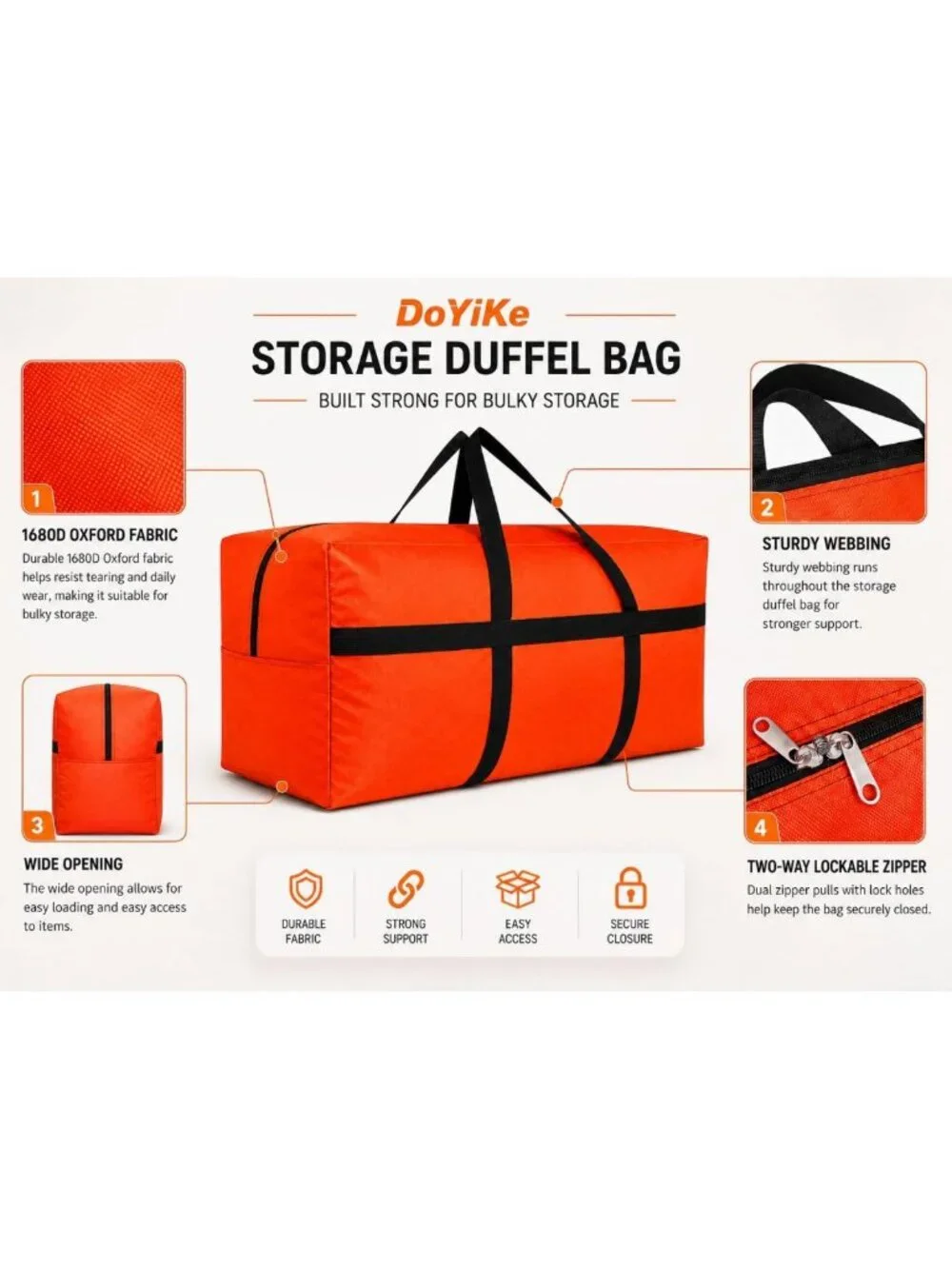 Extra Large Foldable Duffle Bag for Travel & Camping - 130L, Lockable Zipper